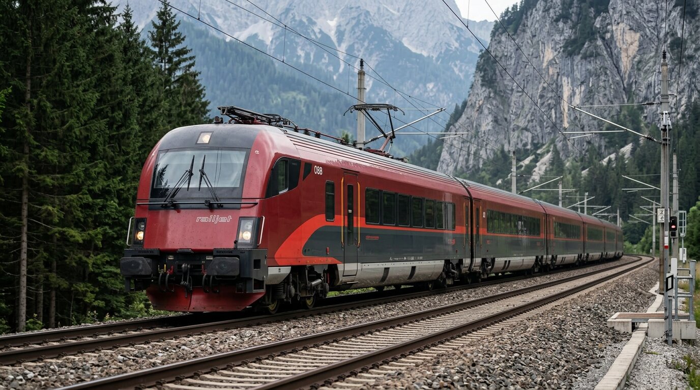 ÖBB Railjet high-speed train travelling through the Austrian Alps