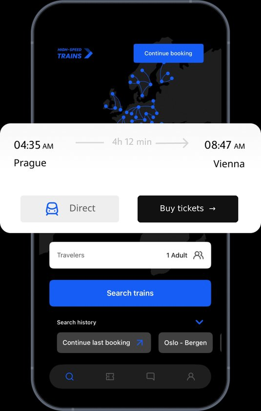 High-Speed Trains app showing Prague to Vienna train search