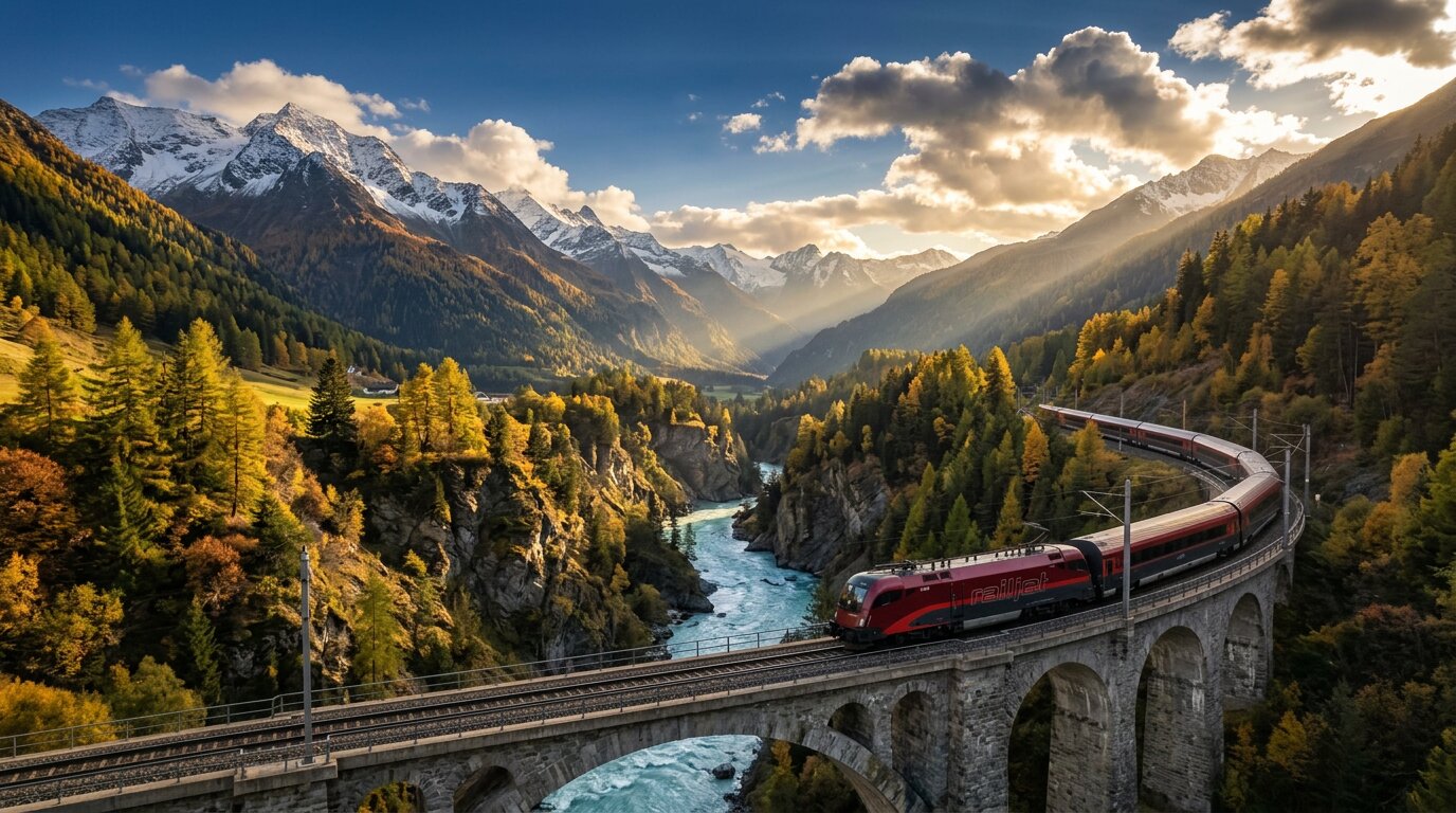 ÖBB Railjet train crossing a stone viaduct through an Austrian Alpine valley with mountains and river