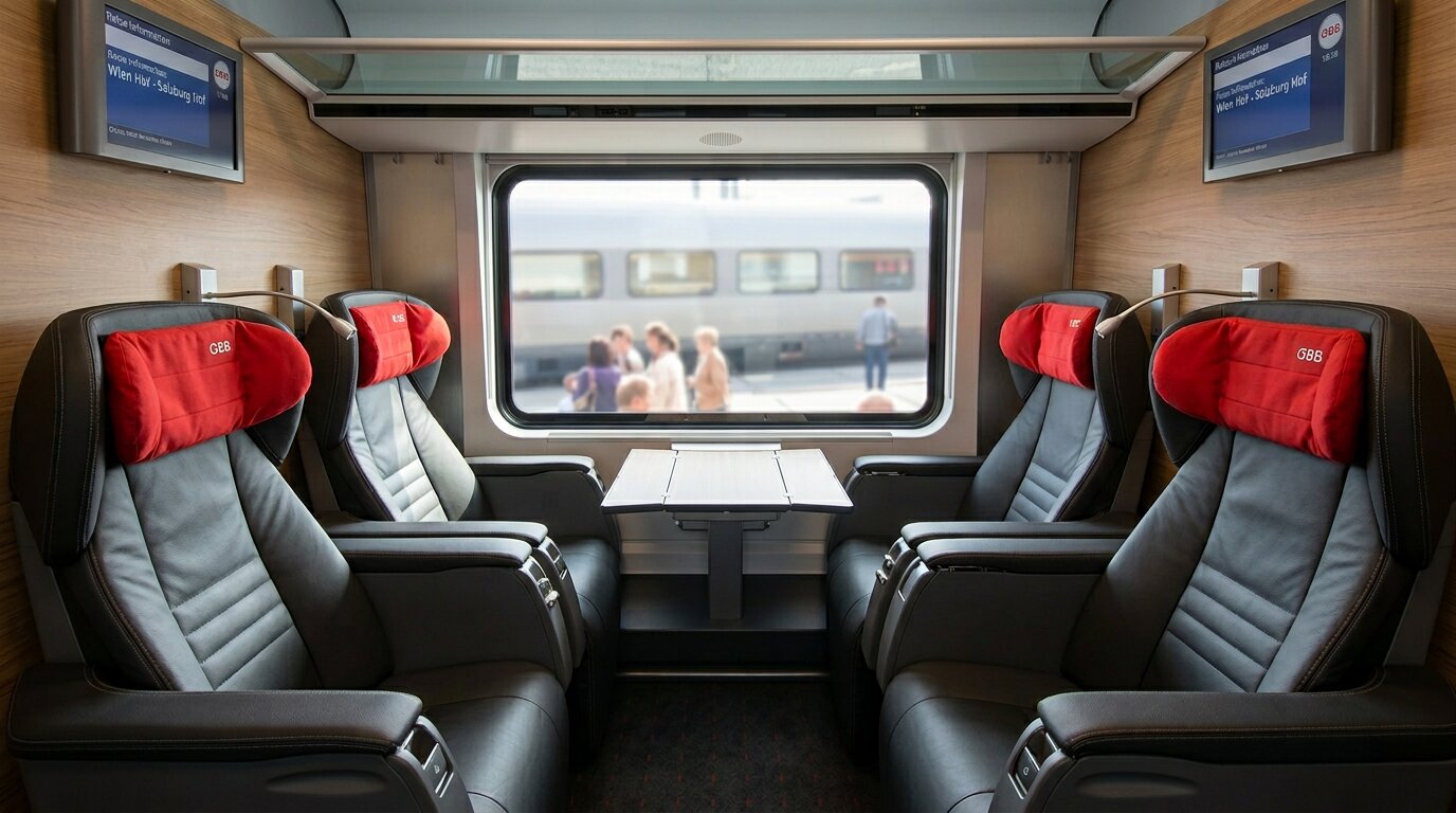 Railjet Business Class semi-private compartment with luxury leather armchairs and personal screens