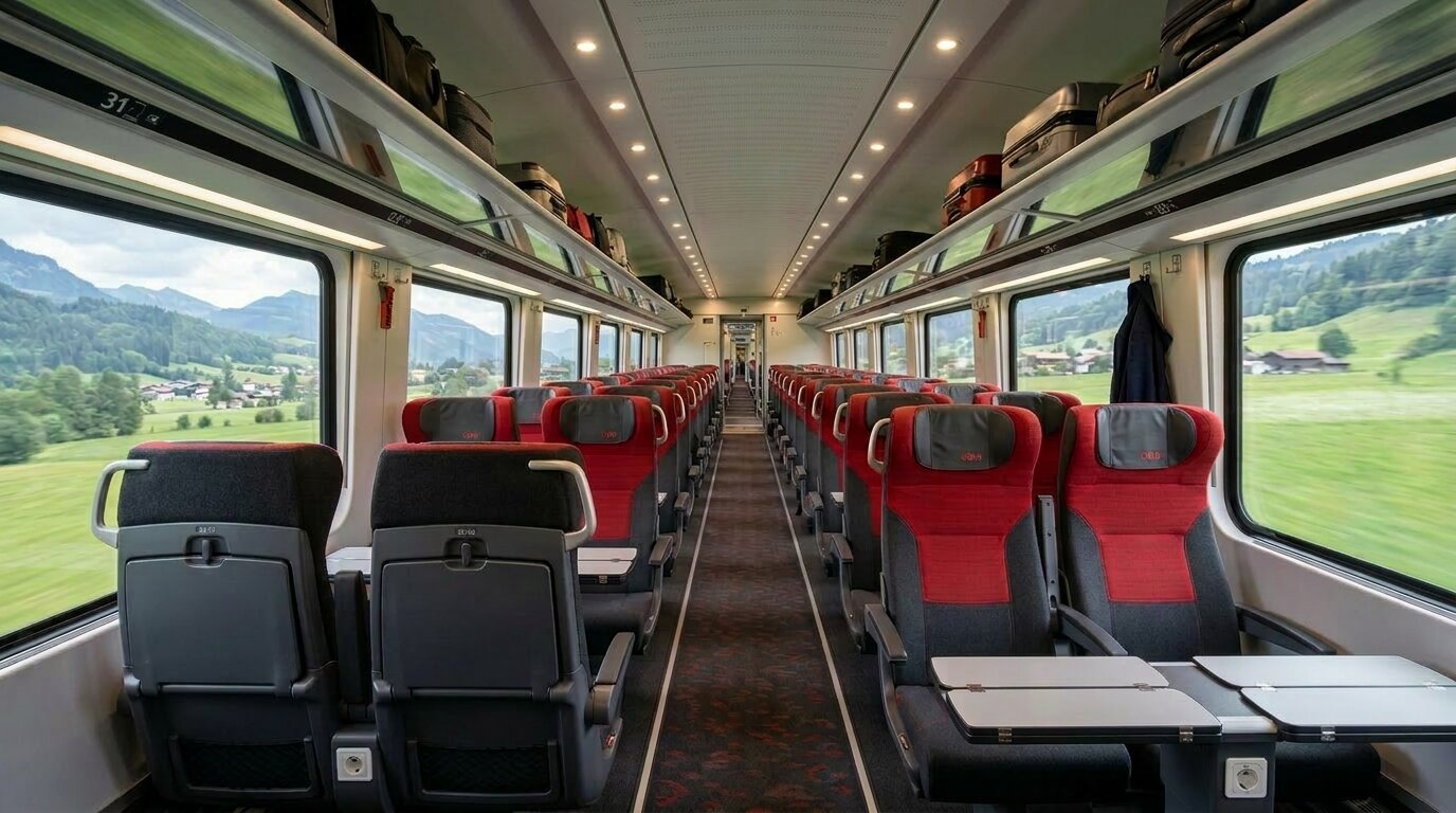 Railjet Economy Class interior with red ÖBB seats, fold-out tables and Alpine views