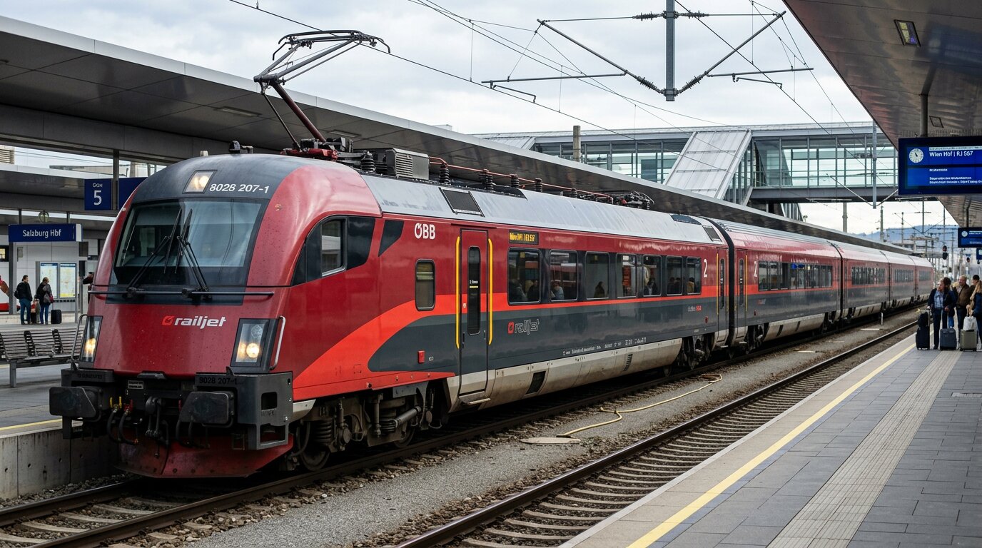 ÖBB Railjet high-speed train at Salzburg Hauptbahnhof platform