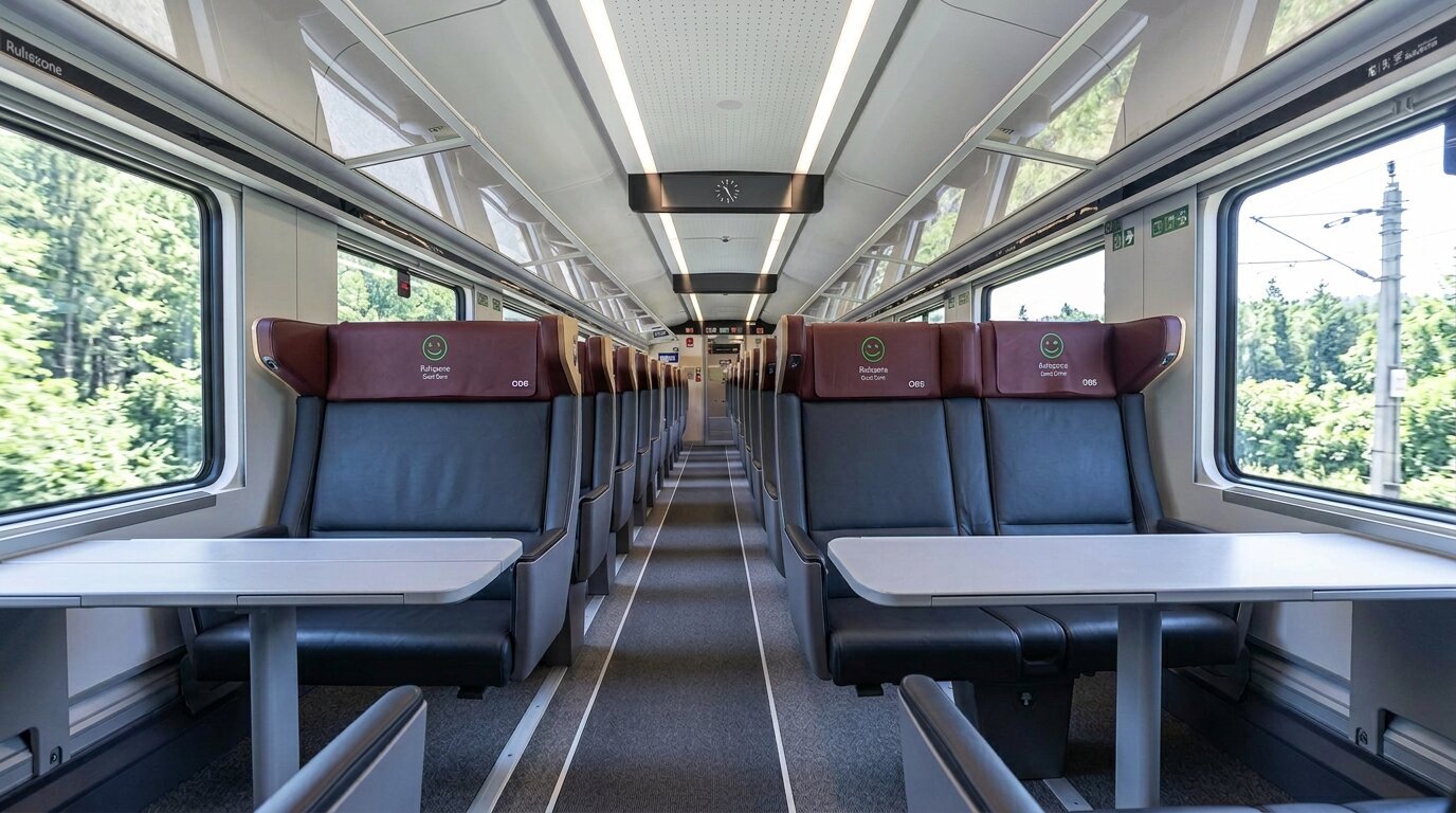 Railjet First Class quiet zone interior with dark leather seats and panoramic windows